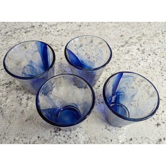 Bormioli Rocco 12 oz Italy Murano Cobalt Blue Swirl Textured Glasses Set of 4 - Picture 5 of 8